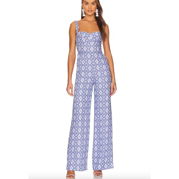 SALONI Rachel Jumpsuit in Delphiniums Print Blue White Linen Size 10